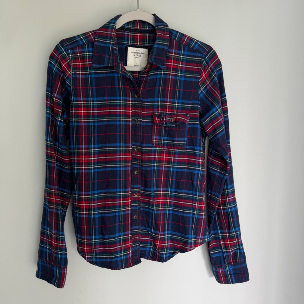 VTG Abercrombie & Fitch Plaid Flannel Shirt Blue Red Velvet Tag Moose Y2K Large